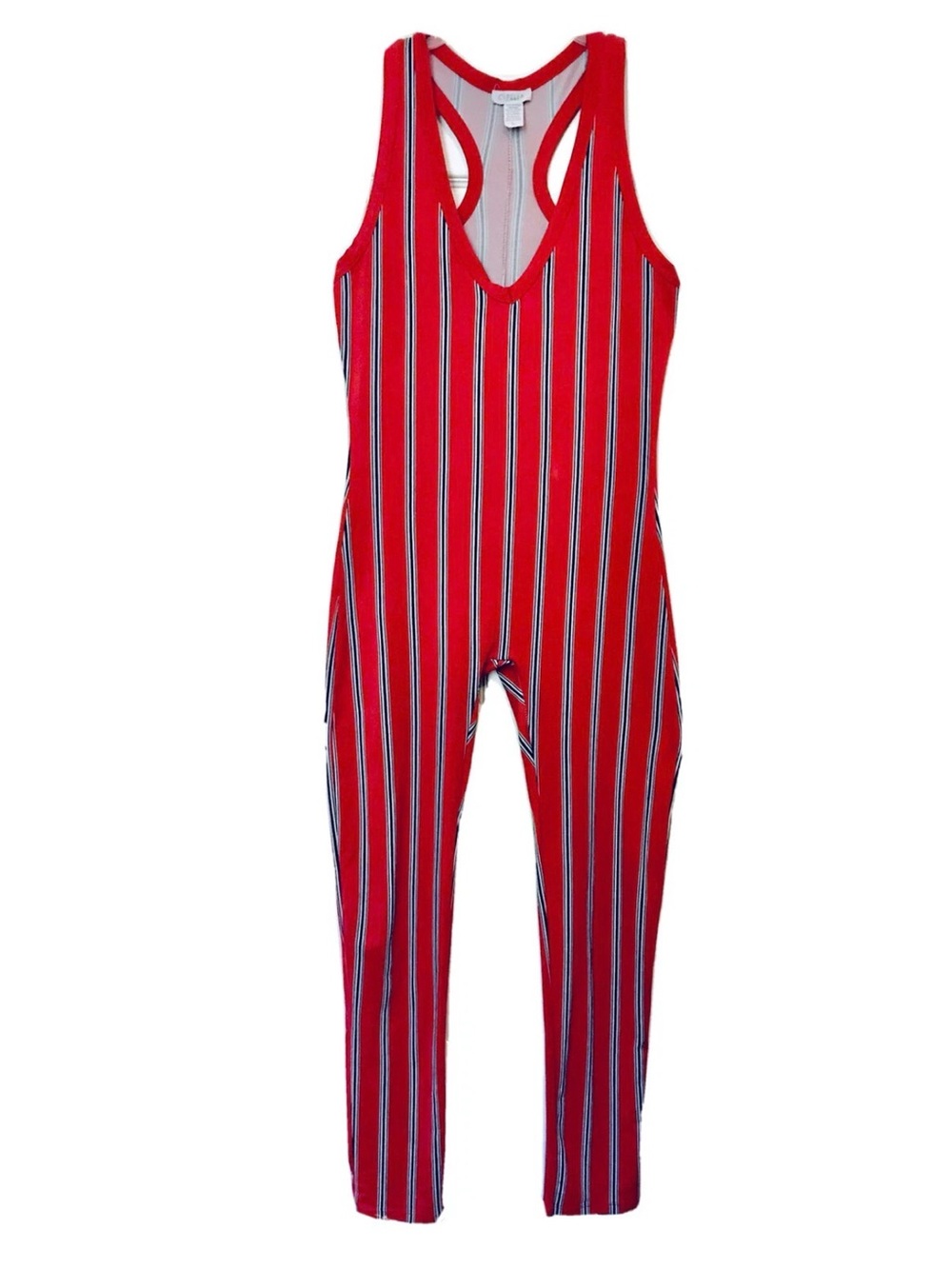 Capella Womens L Racerback Red White Navy Broad Stripe Soft Bodycon Jumpsuit